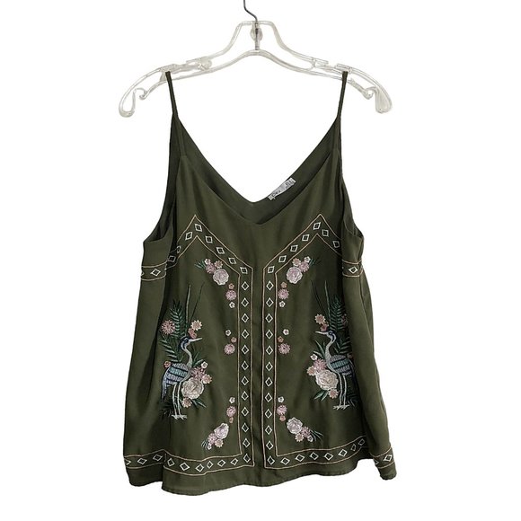 Dex Tops - Dex Green Strappy Embroidered Bird Floral Flowy Fairy Tank Top Size M